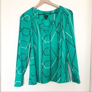 Worthington Green Striped Button Up V Neck Top